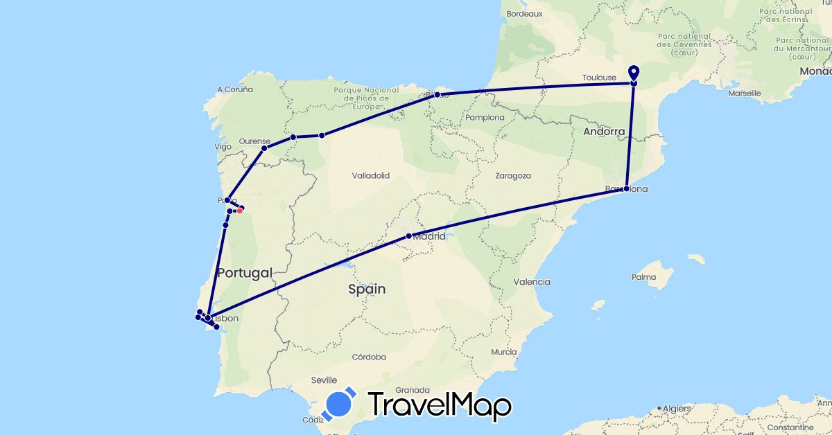 TravelMap itinerary: driving, hiking in Spain, France, Portugal (Europe)